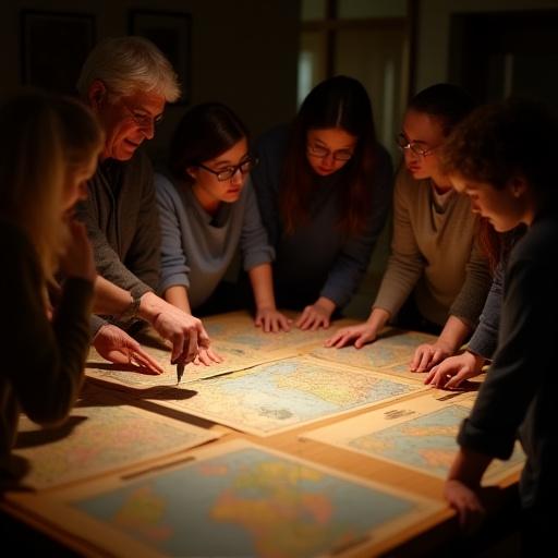 A group of people gathered around a large table, examining antique maps during a workshop.