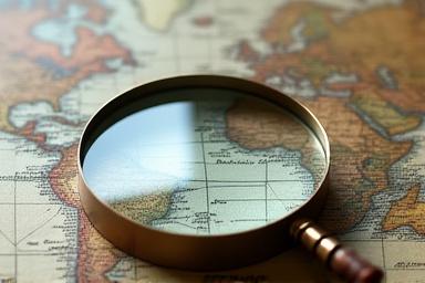 A magnifying glass hovering over a detailed 18th-century world map.